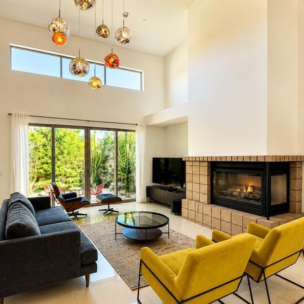 Living room with fireplace and lounge seating
